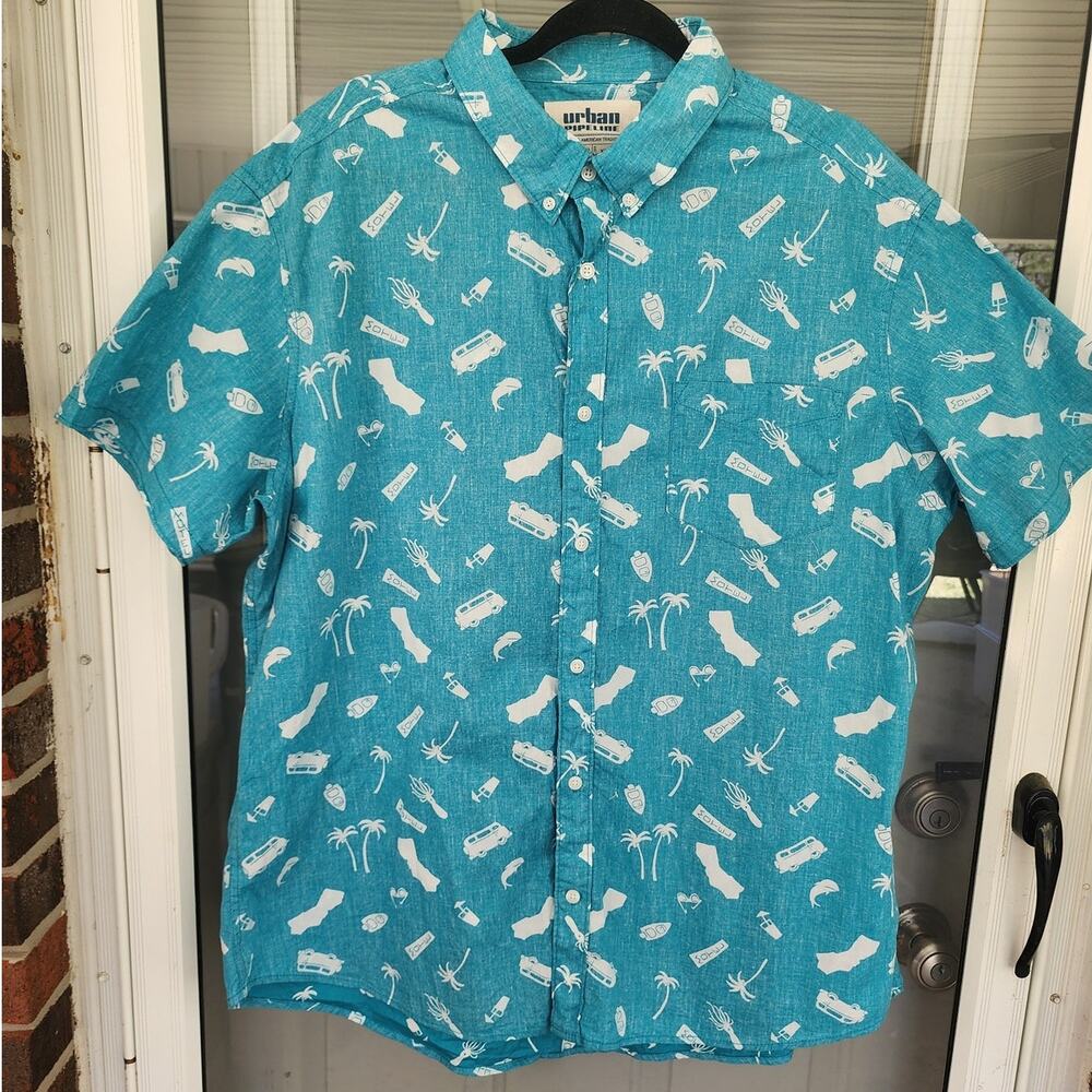 Urban Pipeline Mens Blue XXL Button Down 100% Cotton Short Sleeve Vacation Shirt